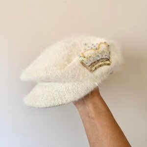Vintage Y2K Cream Paperboy Hat Angora Fuzzy Fur White Cream Sequin Gold